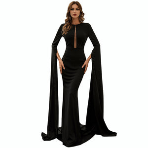 Women Clothing  Long Dress Fishtail Dress Women 2021 New Bell Sleeve Solid Color Mop Dress Formal Gown