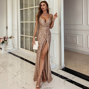 Women Clothing  2021 Summer New V-neck Sleeveless Sequined Striped Dress Camisole Gown  Formal Gown